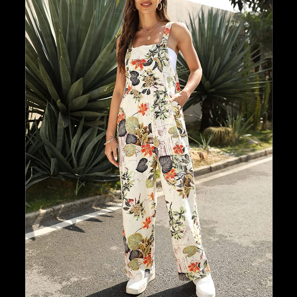 Women's jumpsuit Loose Colorblock Floral Print Wide Leg Button Bib Overall suit